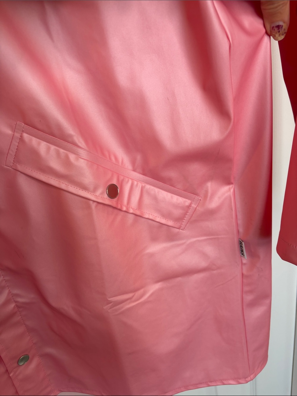RAINS LONG RAIN JACKET TRENCH IN PINK SKY WITH HOOD UNISEX COASTAL CHIC SZ LARGE - Picture 11 of 13